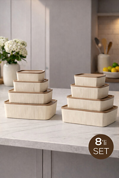 Mim Life 8-Piece Striped Rectangular Storage Set Beige |   2.5L 1.5L 0.80L 0....