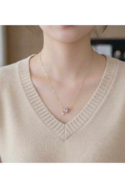 stainless steell gold renk zincirli gül pembe kalp model çelik kolye