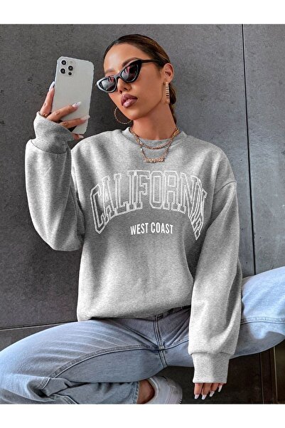 donamod سويت شيرت رمادي كاليفورنيا ويست مطبوع برقبة دائرية للجنسين