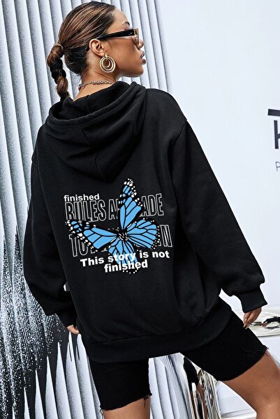 donamod Hanorac unisex cu imprimeu pe spate cu fluture KPP-negru-fluture