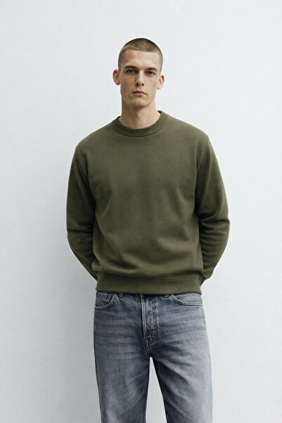 MATERIAL Hanorac largi pentru bărbați, cu gât crew, de iarnă, kaki