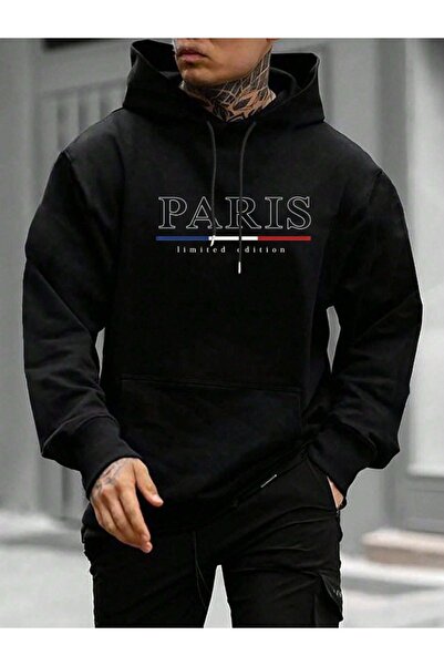 donamod Hanorac negru cu glugă cu imprimeu Big Paris pentru bărbați