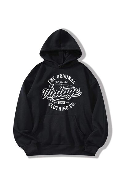 donamod Unisex Negru cu glugă Vintage cu imprimeu 3 Thread supradimensionat S...