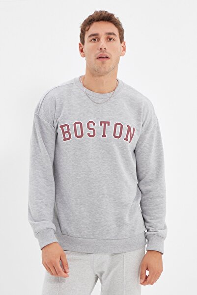 donamod Know Gri Мъжка блуза с дълъг ръкав и обло деколте с принт Boston TW-B...