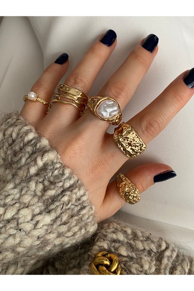 Pinery Jewels İri Taşlı Altın Kaplama Çoklu Yüzük Seti