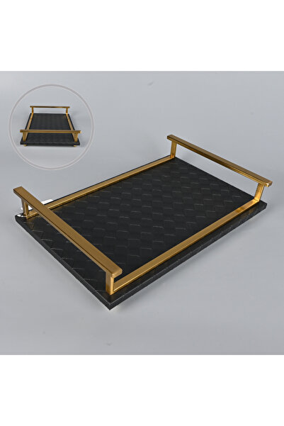 Generic A rectangular serving tray, 40 x 26 cm, in black leather with a coppe...