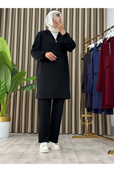 azra fashion Kadın Tesettür Taş İşlemeli İki İplik Tunik Pantolon Takım