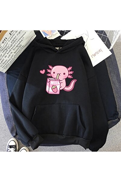 donamod Черна унисекс блуза с принт на аксолотъл bsgaxolotlsweat