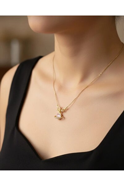 stainless steell gold renk zincirli gül pembe taş kalp motifli çelik kolye