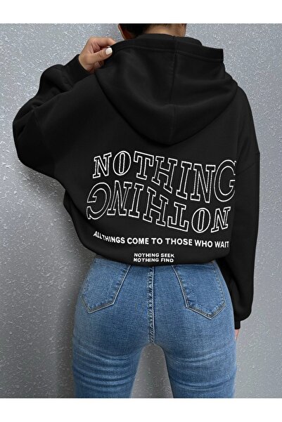 donamod Hanorac supradimensionat negru pentru femei Reverse Plain Nothing Pri...
