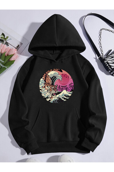 donamod Buzunar cangur cu glugă supradimensionată unisex imprimat cu tigru anime