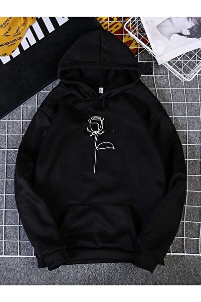 donamod Unisex Black Rose cu imprimeu supradimensionat cu glugă Swea tricou B...