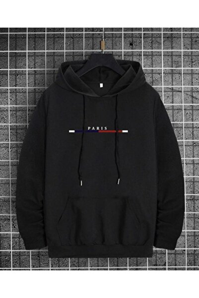 donamod Hanorac negru pentru bărbați Paris cu imprimeu supradimensionat cu gl...