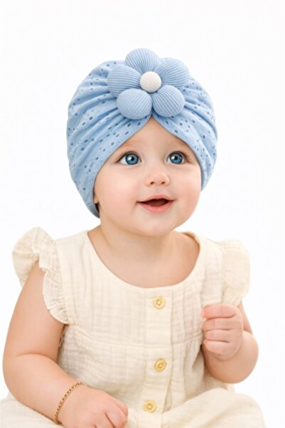 Pure Boutique Caciulita bleu tip turban cu model ajurat si floare aplicata