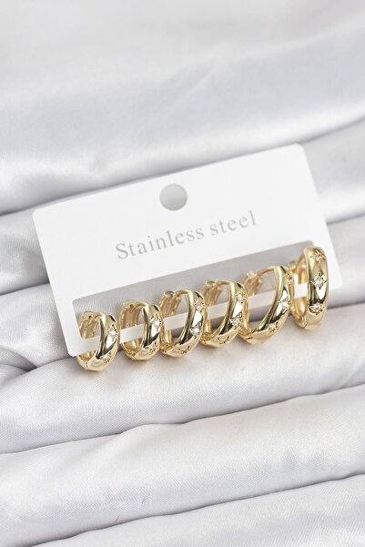 Inure Jewelry طقم أقراط دائرية من الفولاذ 316L بلون ذهبي مع حجر الزركون على ش...