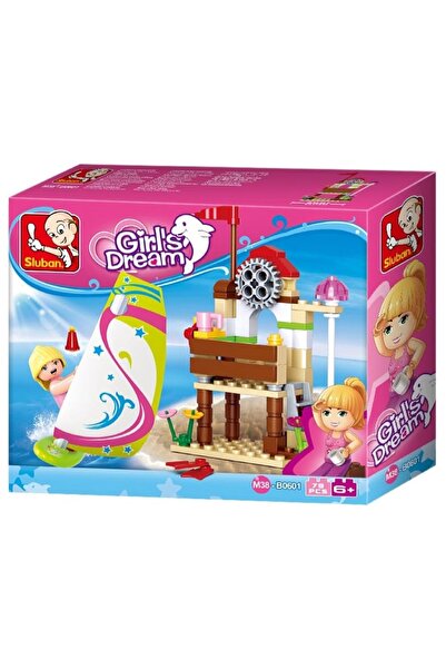 Sluban Set de construcție Visul fetei, 84 de piese, Aventură pe plajă cu surf -