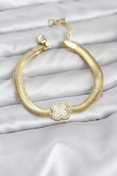 Inure Jewelry 316L Steel Gold Color White Clover Model Zircon Stone Snake Cha...