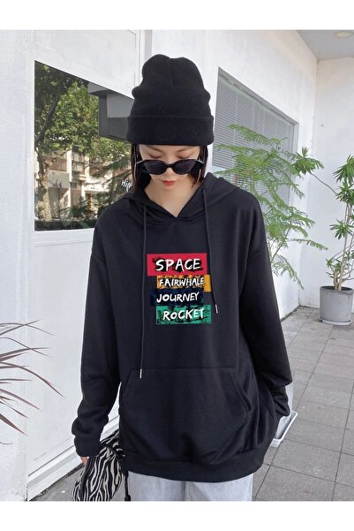 donamod Γυναικείο Μαύρο Φούτερ με τύπωμα oversized με κουκούλα Benisengiydirs...