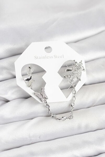 Inure Jewelry طقم أقراط على شكل فراشة من النحاس الفضي اللون مع سلسلة متصلة