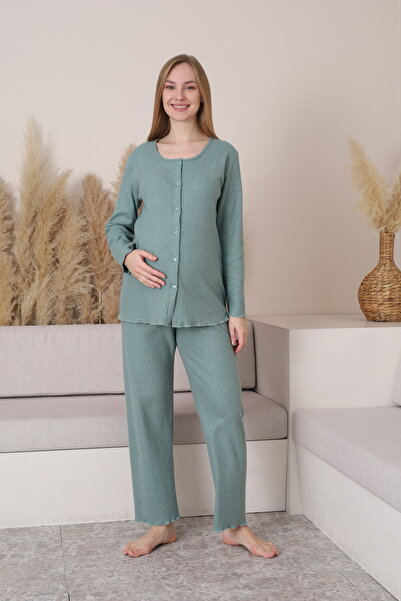 Miss Dünya Lissa Front Buttoned Soft Fabric Crew Neck Long Sleeve Maternity a...