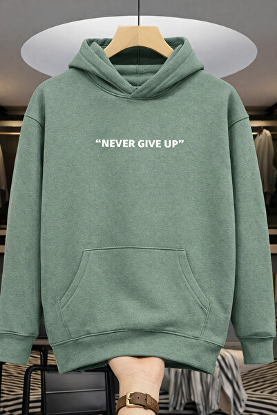 Revasser Unisex Erkek/Kadın NEVER Renkli Özel Baskılı Pamuklu Oversize Kapüşo...