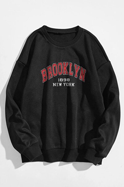 donamod Унисекс черна прекалено голяма червена блуза с принт на Бруклин