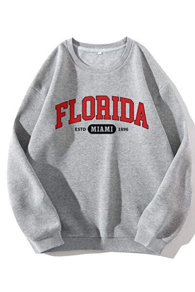 donamod سويت شيرت فلوريدا رمادي مطبوع برقبة دائرية مقاس كبير للجنسين