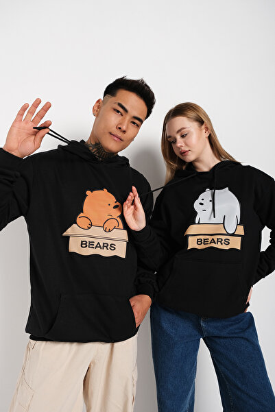 donamod سويت شيرت بقلنسوة كبير الحجم مطبوع عليه دببة مزدوجة أسود للجنسين TS-2...