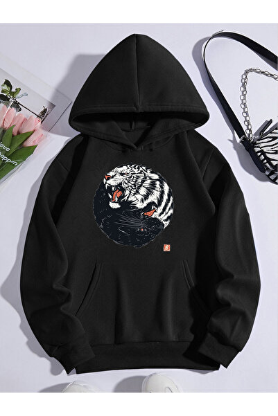 donamod Tigri de buzunar cangur cu glugă supradimensionată unisex imprimat