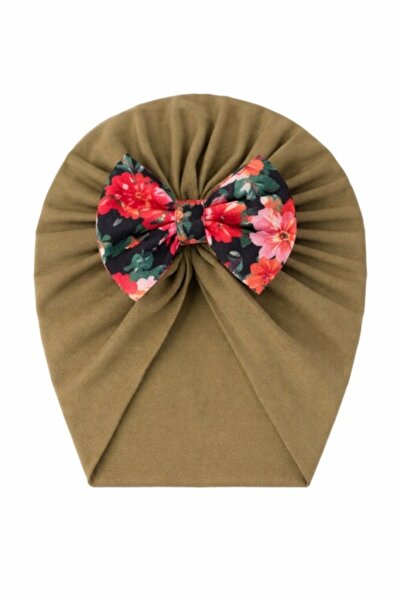 Superbaby Khaki turban hat with flowered bow