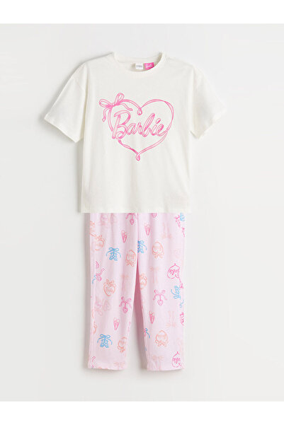 LC Waikiki Set de pijamale pentru fete cu imprimeu Barbie Ecru