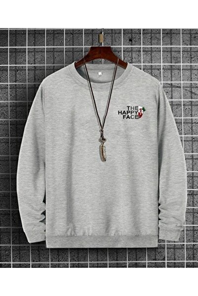 donamod Hanorac pentru bărbați, gri Happy Face cu imprimeu supradimensionat S...