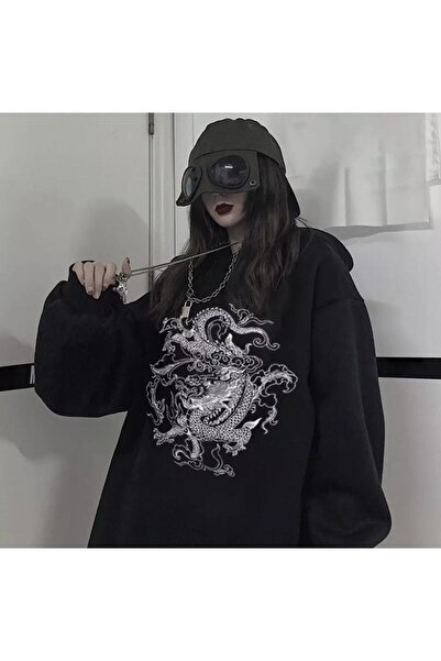 donamod Hanorac pentru femei de mărime mare cu glugă Dragon cu imprimeu supra...