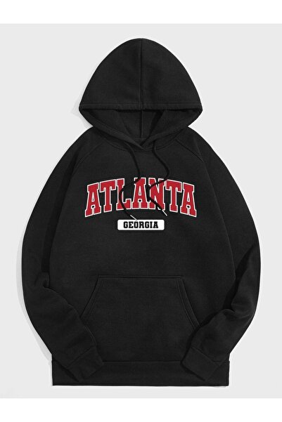 donamod Men's Black Atlanta Printed Oversize Hooded Sweatshirt