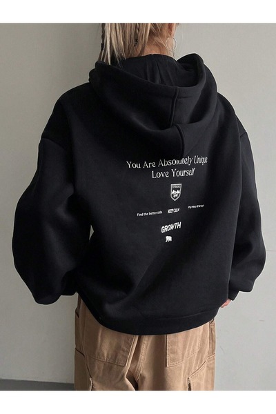 donamod Unisex Black Calm Growth Printed Oversize Hooded Sweatshirt