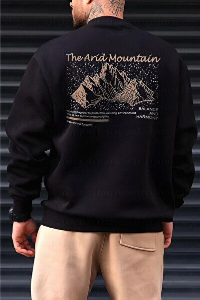 donamod سترة رجالية سوداء اللون مطبوعة من Arid Mountain 0 برقبة دائرية كبيرة ...