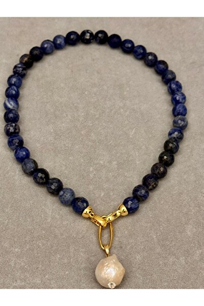 ZİDE AKSESUAR Lapis Lazuli & Büyük Barok İnci Detaylı altın kaplama kolye