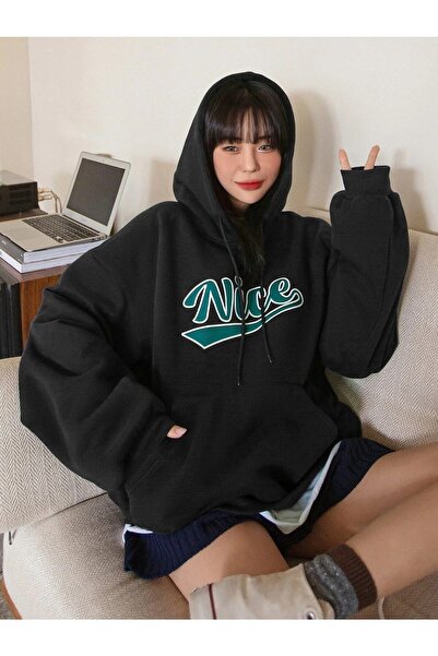 donamod Hanorac unisex negru oversize Nice imprimat