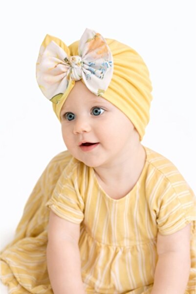 Pure Boutique Caciulita galbena tip turban cu fundita inflorata