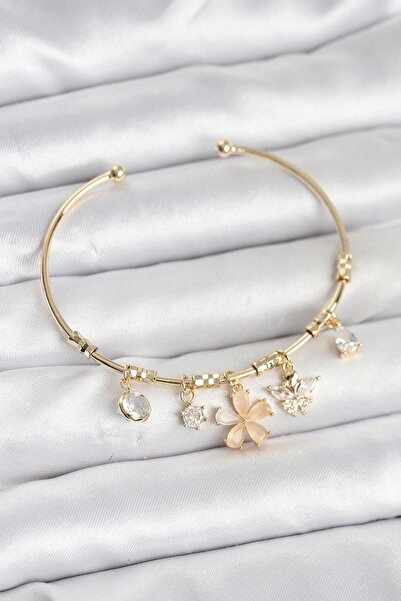 Inure Jewelry Gold Color Brass Women's Bracelet with Flower and Butterfly Charms