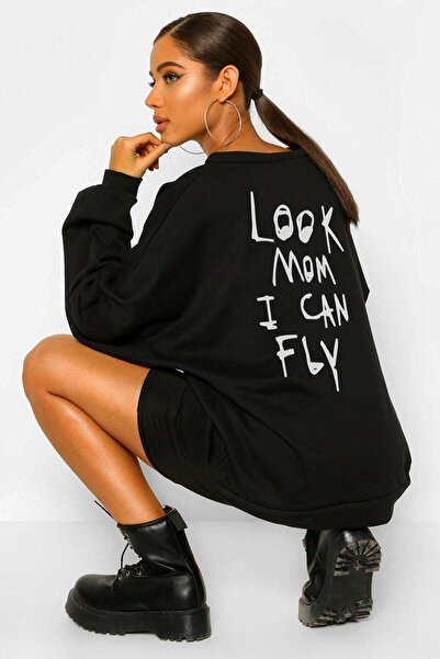 donamod I Can Fly Oversize Black Sweatshirt VDPSWT283