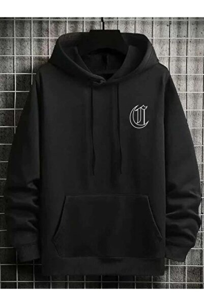 donamod Hanorac negru cu glugă cu imprimeu pe spate Chicago pentru bărbați