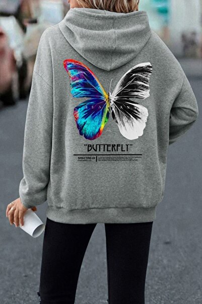 donamod Hanorac unisex cu imprimeu pe spate cu fluture KP-RED-BUTTERFLY