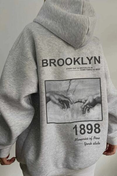 donamod سويت شيرت بغطاء للرأس مطبوع عليه بروكلين مقاس كبير للجنسين باللون الر...