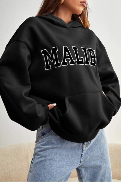 donamod Унисекс Малибу Принтирана Овърсайз Качулка Светър Малибу