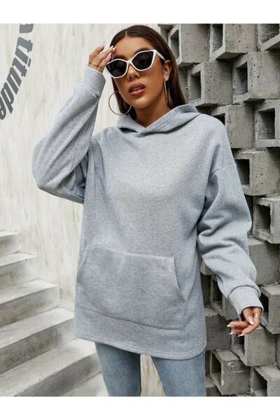 donamod Дамска сива суитшърт с качулка и голям размер
