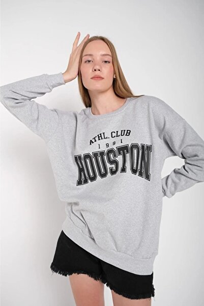 donamod Hanorac oversize cu guler rotund cu imprimeu Houston gri pentru femei...