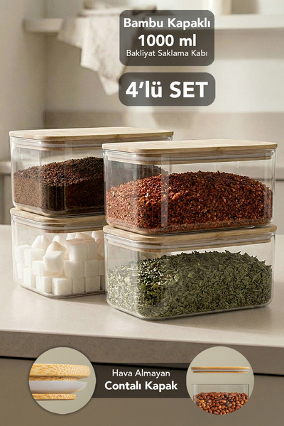 Meleni Home 4-Piece Bamboo Lid Aura Rectangular Storage Container - Vacuum Li...