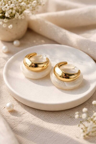 sheenez ZR Model Kalın Gold-Beyaz Halka Küpe