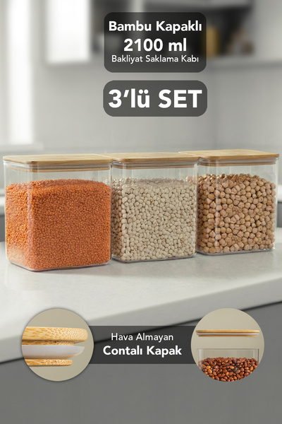 Meleni Home 3-Piece Bamboo Lid Aura Rectangular Storage Container - Airtight ...